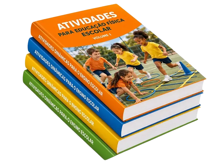 Mockup 3D das 4 apostilas de Educação Física Escolar